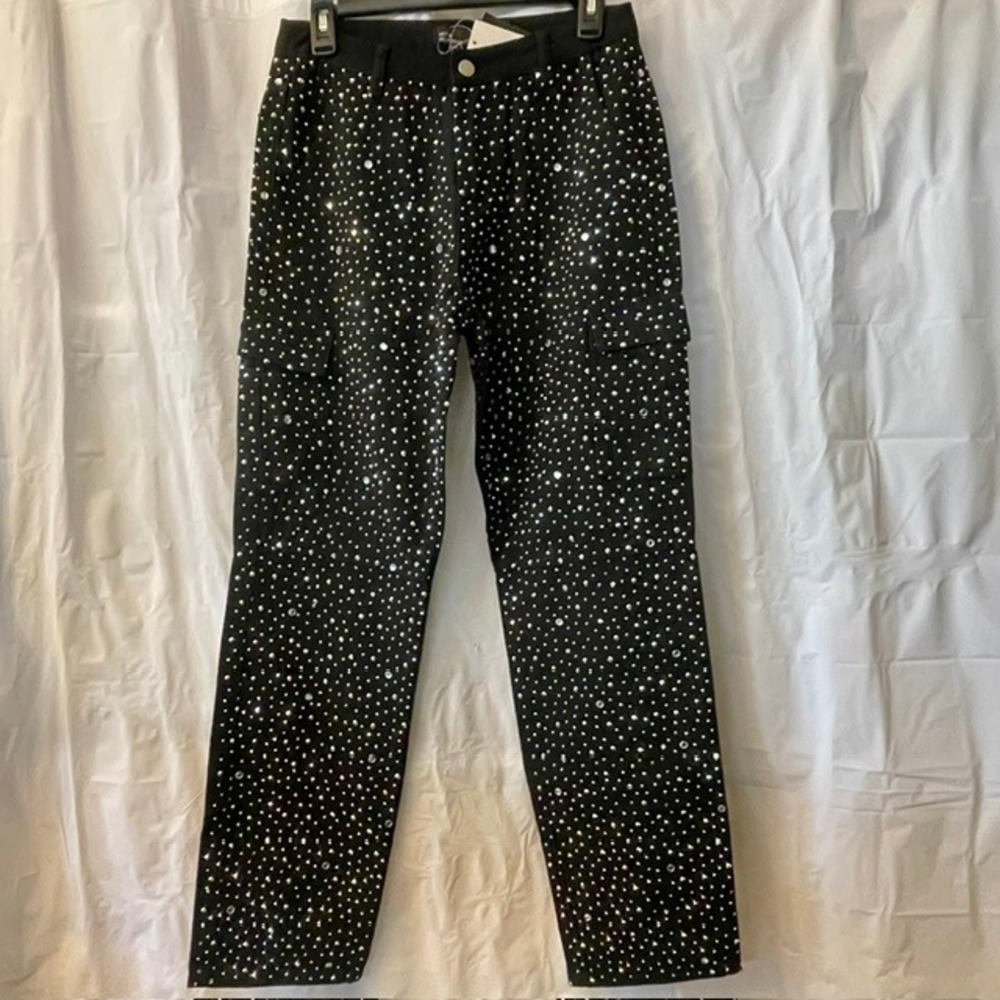Hot & Delicious All Over Rhinestone Studded Cargo Pants Glam Streetwear Sz M NEW